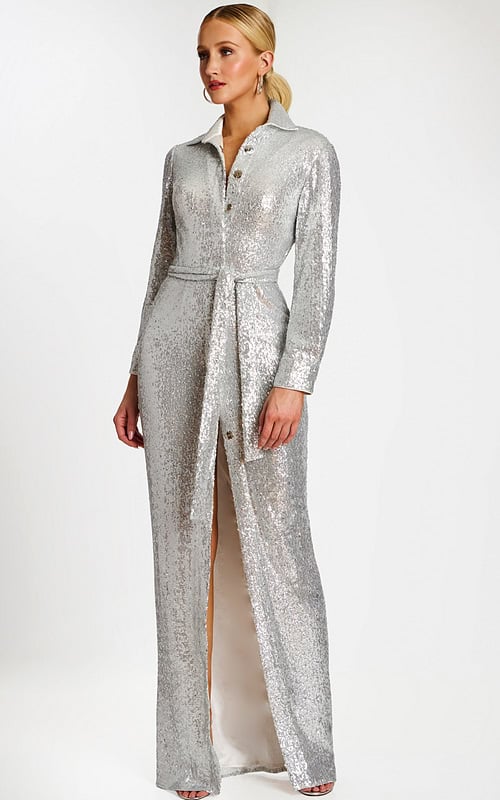Silver Sequin Shirt Collar Gown With Waist Tie and Slit