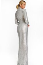 Side Angle of Silver Sequin Gown Showing Slit and Belt