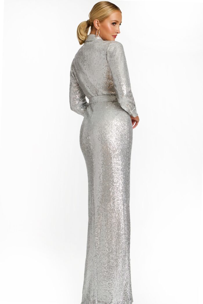 Side Angle of Silver Sequin Gown Showing Slit and Belt