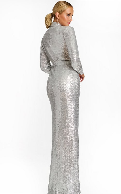 Side Angle of Silver Sequin Gown Showing Slit and Belt