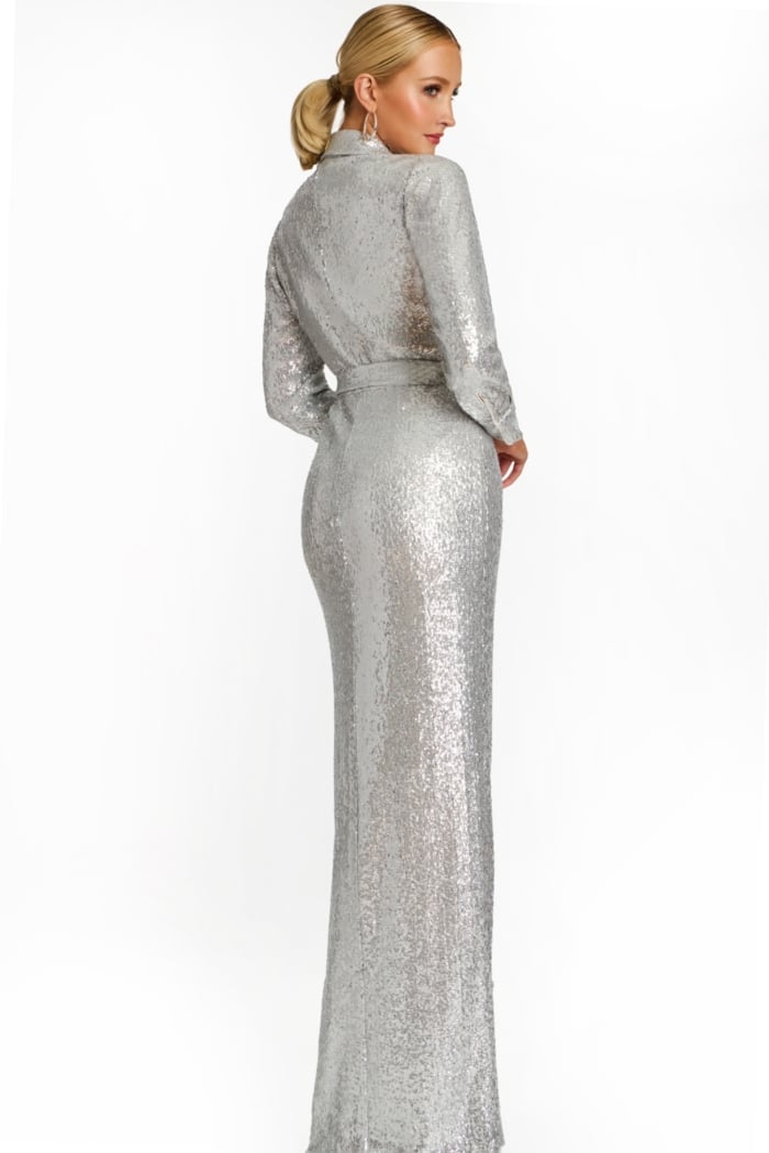 long sleeve silver sequin dress Faux-Wrap Formal with Long Sleeves PromGirl a floor Sequin Long Sleeve Shirt Collar