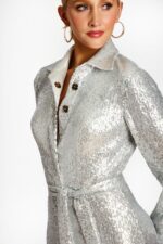 Close-Up of Button Front and Sequin Texture on Silver Gown