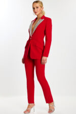 Red pantsuit with crystal lapel shown from front view