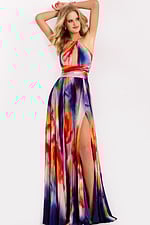 Halter pleated evening gown with multicolor abstract print