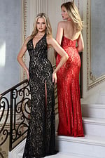 Red Lace Halter Plunging Slit Prom Gown 42724 - Image 7