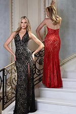 halter plunge gown with lace overlay and high slit - two girls front, blonde front, red back, on stairs
