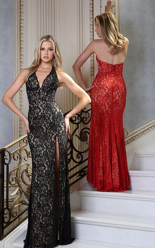 halter plunge gown with lace overlay and high slit - two girls front, blonde front, red back, on stairs