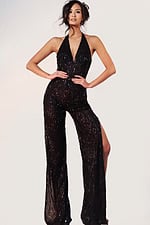 Sparkling halter jumpsuit with beaded fabric and open back