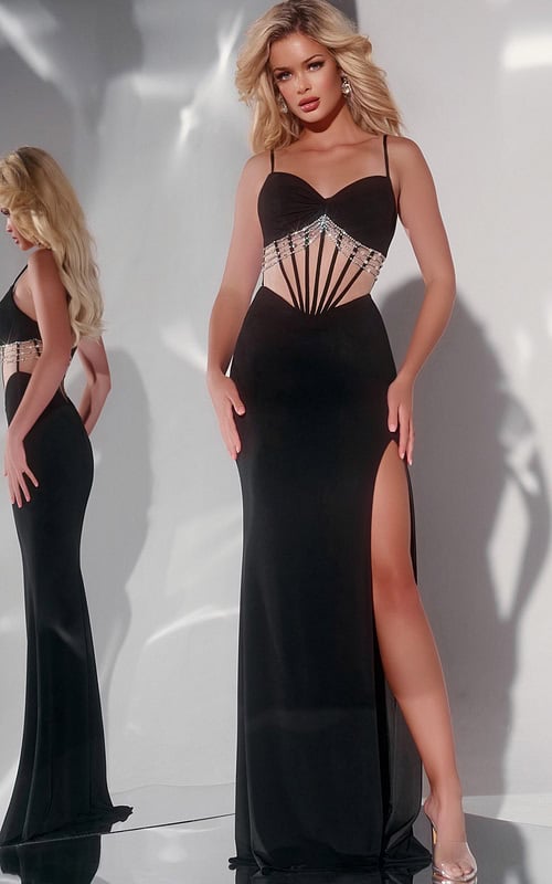 Model wearing Jovani 42758 black dress with beaded bodice and high slit.