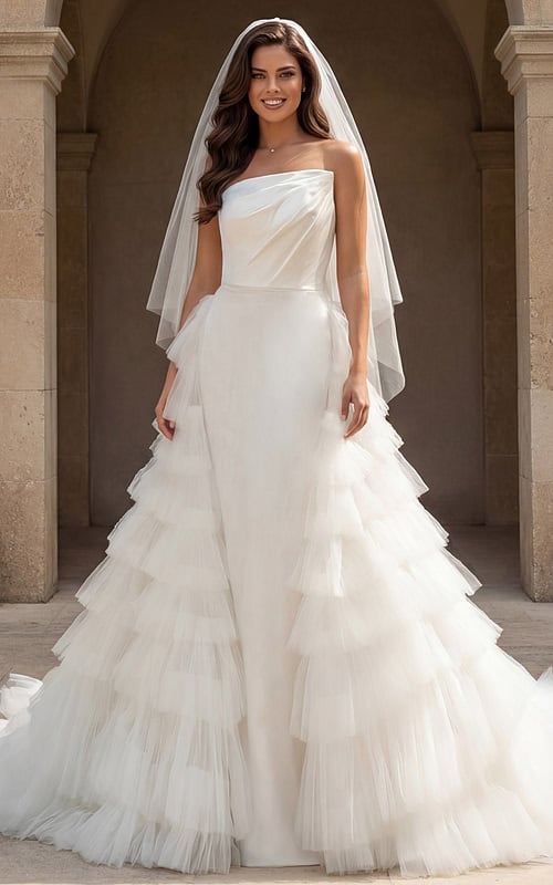 Front view of strapless bridal gown with dramatic layered tulle skirt