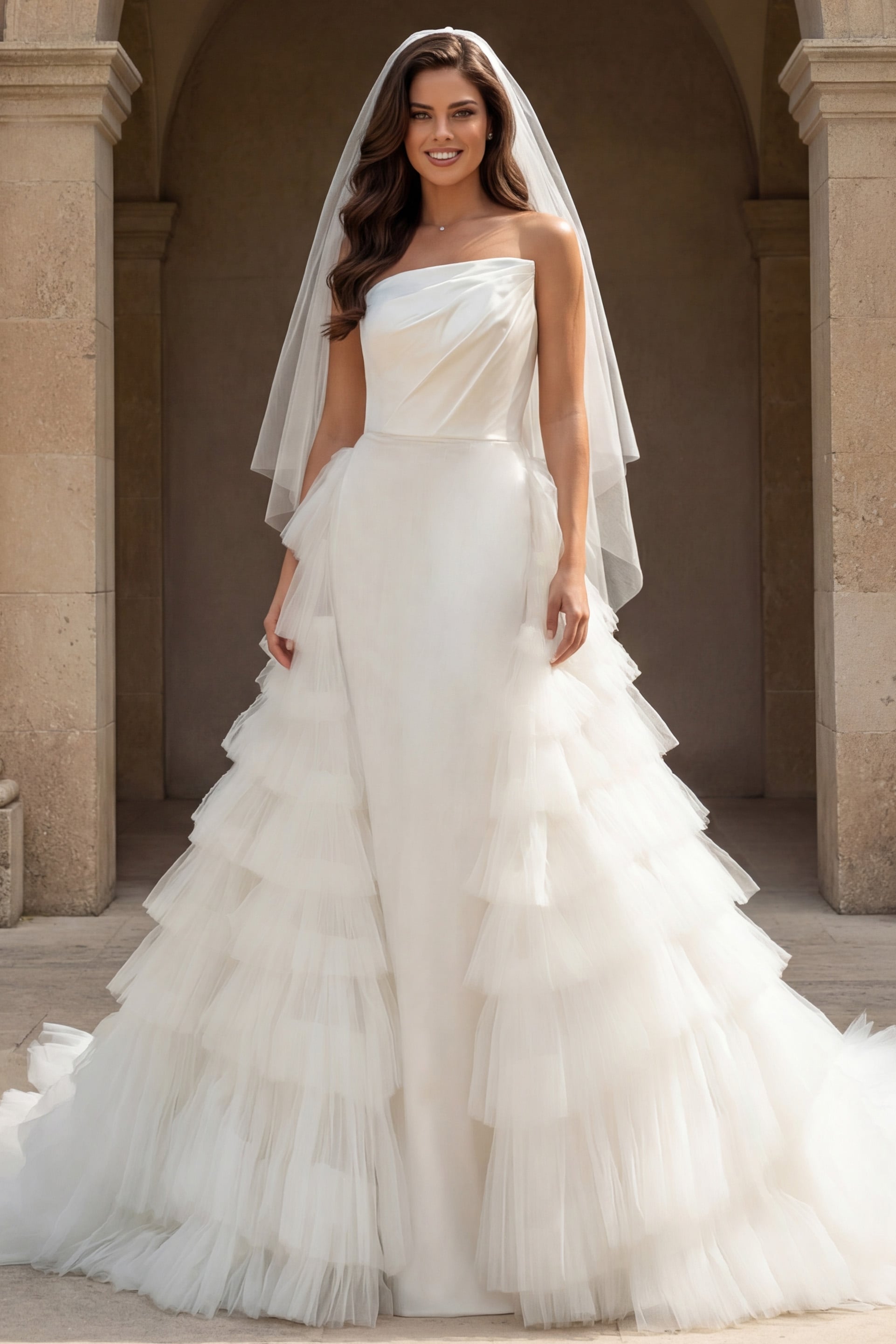 42769-h-1 Front view of strapless bridal gown with dramatic layered tulle skirt