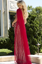 model wearing Jovani 42787 back view of gown with red patterns