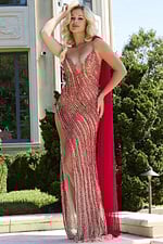 model wearing Jovani 42787 front view with deep V-neckline and high slit
