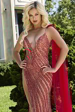 model wearing Jovani 42787 close-up of V-neck and red patterned gown