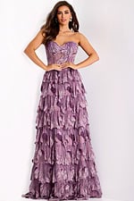 Strapless beaded gown with layered ruffle skirt and sweetheart neckline