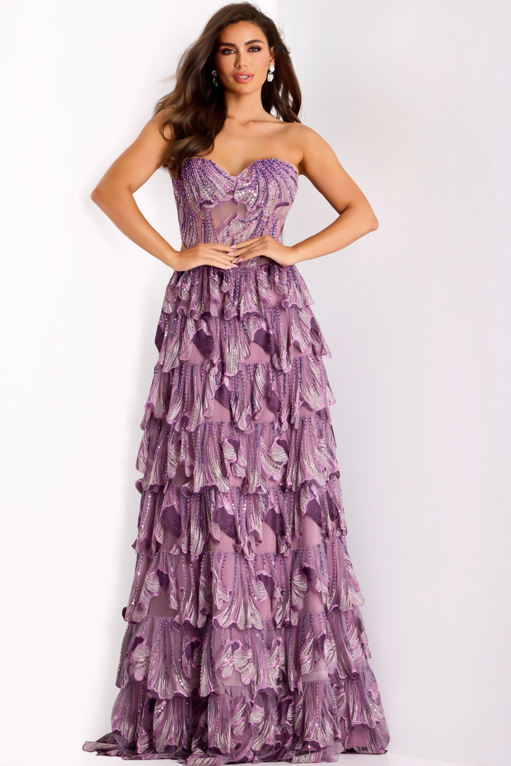Strapless Layered Gown With Beaded Corset Top 42793 | Jovani
