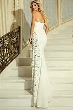 Back view of strapless gown with jeweled detailing and fitted silhouette