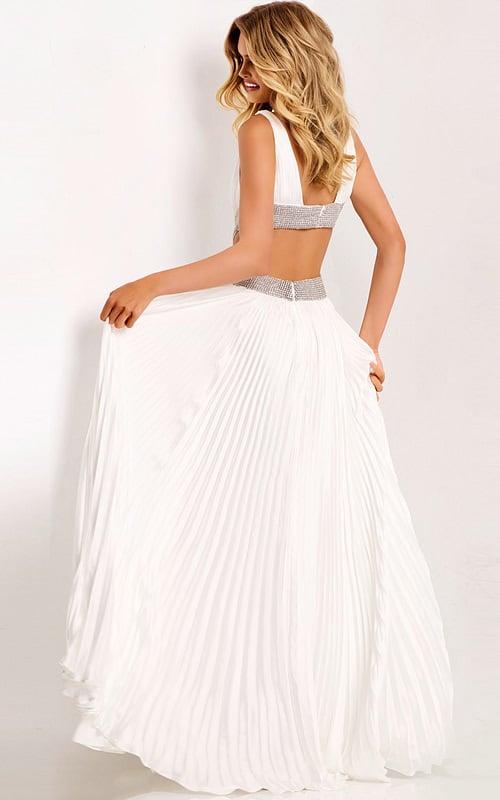 Flowy pleated gown with plunging neckline
