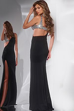 Model showing the back of Jovani 42816 black gown with asymmetric design
