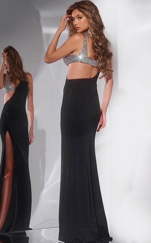 Model showing the back of Jovani 42816 black gown with asymmetric design