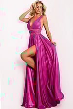 Floor-length pleated dress with beaded waist and open back