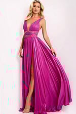 Metallic A-line gown with plunging neckline and side slit