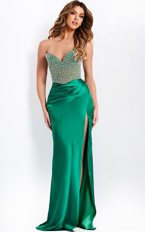Emerald Strapless Satin Gown With Beaded Corset