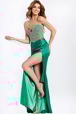 Beaded Bodice Satin Dress With Slit