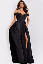 Floor-length A-line dress with high slit and pleated skirt