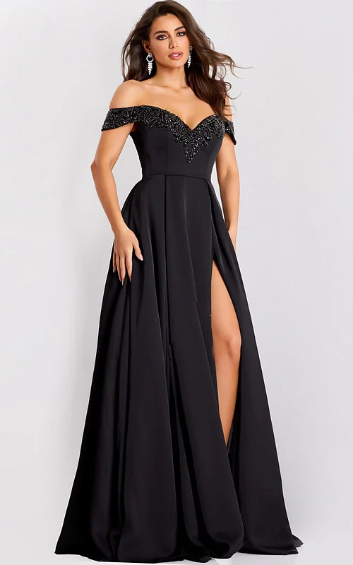 Black off-the-shoulder gown with sweetheart neckline and beaded trim