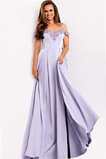 Off-the-shoulder floor-length dress with pleated skirt