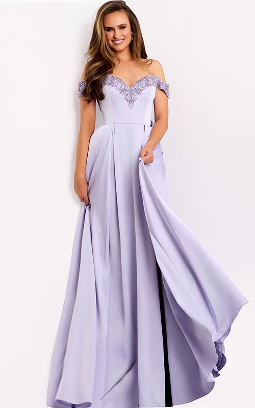 Off-the-shoulder floor-length dress with pleated skirt