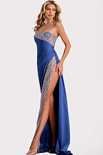 Floor-length gown with beaded cutouts and asymmetrical neckline