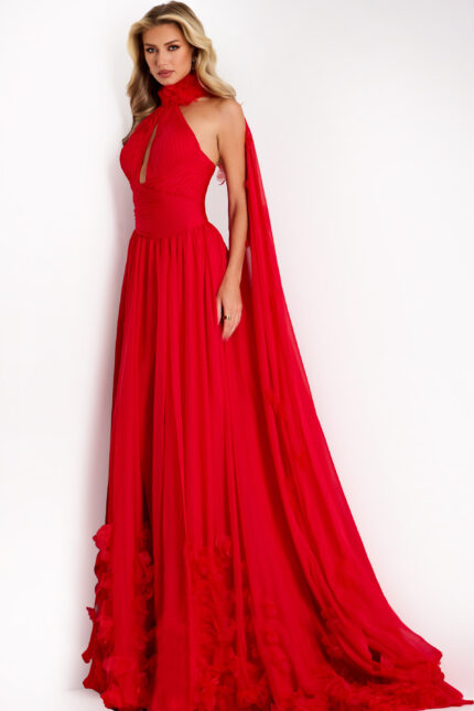 Floor-length dress with keyhole bodice and pleated skirt