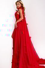 Sheer cape gown with high slit and 3D flower details