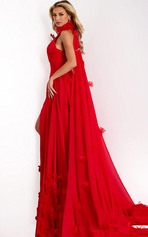 Sheer cape gown with high slit and 3D flower details