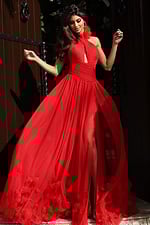 red halter neck a line dress with high slit 42861