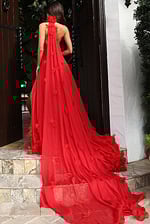 Halter Neck Pleated Gown With Floral Appliqué 42861 - Image 2