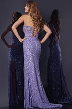 Model wearing Jovani 42920 purple gown with corset-style back, back view.