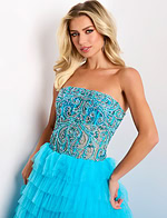 Strapless ruffle gown with beaded sheer corset bodice