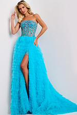 Embellished formal gown with strapless neckline and ruffled skirt