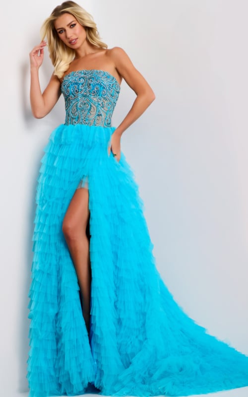 Embellished formal gown with strapless neckline and ruffled skirt