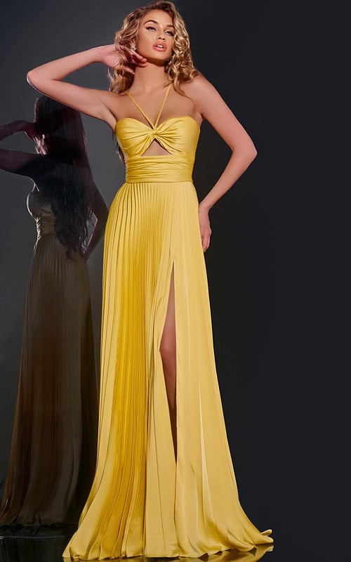 Model wearing Jovani 42971 elegant yellow dress with twist-front bodice, front view.