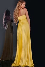 Model wearing Jovani 42971 yellow dress, back view showcasing pleated design.