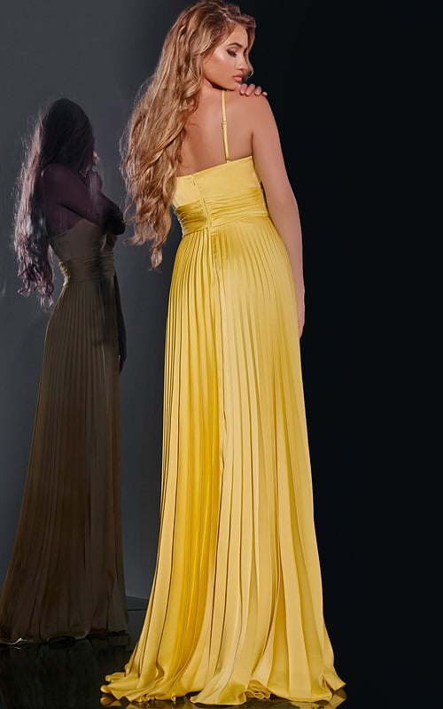 Model wearing Jovani 42971 yellow dress, back view showcasing pleated design.