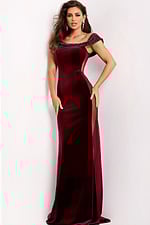 One-Shoulder Velvet Gown With Beaded Trim and Sheer Side Panels