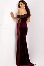 Velvet evening gown with off-shoulder drape and back zipper closure