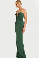 Strapless hunter green jersey gown with plunging neckline