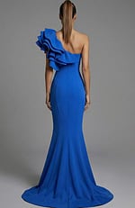 ack view of one shoulder gown with smooth fitted back and flared hem