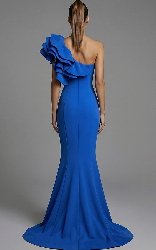 ack view of one shoulder gown with smooth fitted back and flared hem